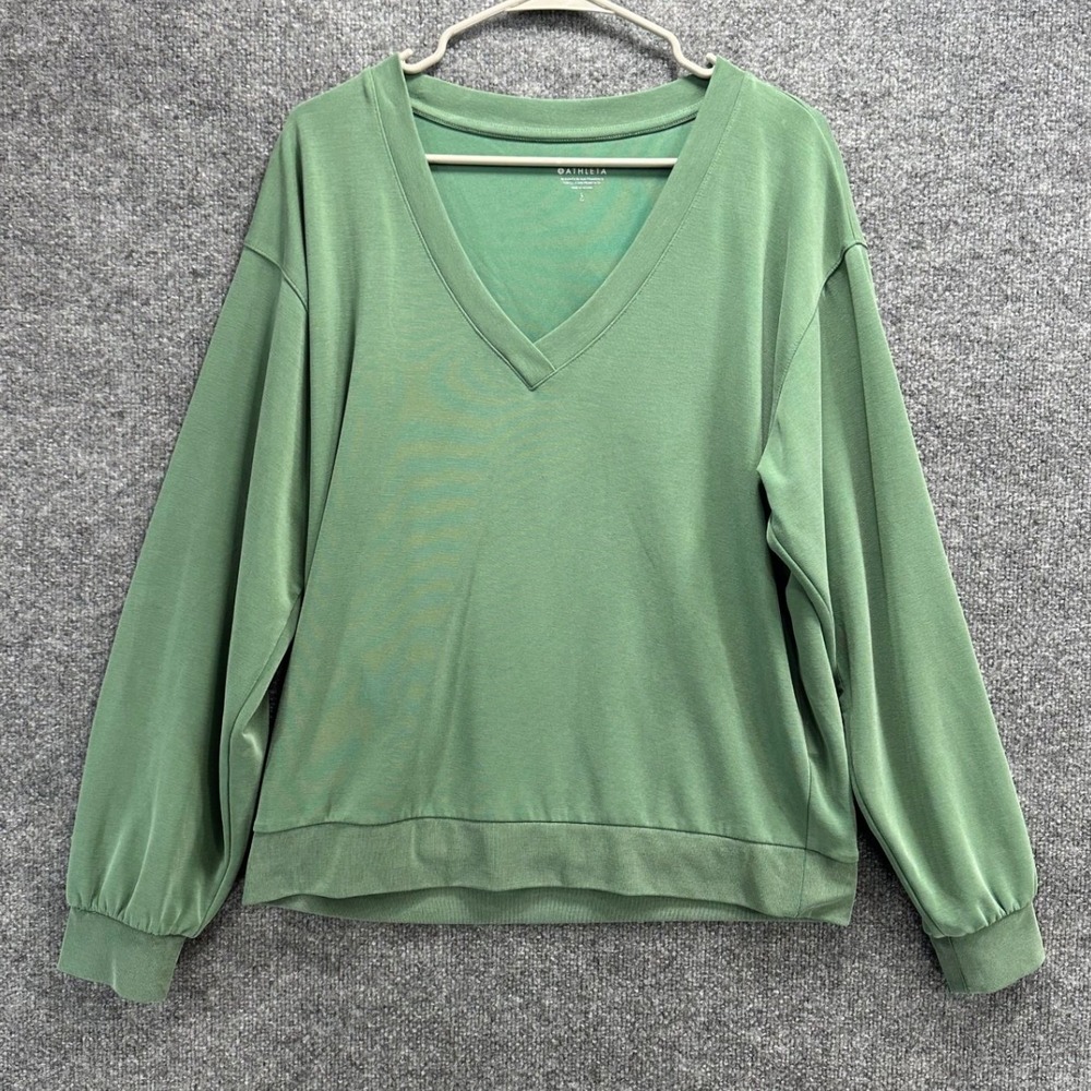 Athleta Willow V-Neck Sweatshirt Womens Large Sage Green Modal Blend Relaxed Fit